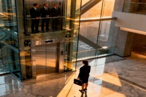 Profesional entrando a edificio corporativo representando liderazgo femenino en empresas