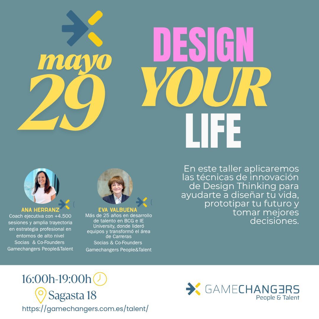 Design Your Life: taller presencial de Design Thinking para clarificar tu rumbo vital y profesional y tomar decisiones con confianza y propósito.