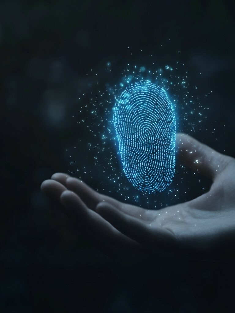 Huella digital holográfica sobre mano humana representando marca personal y huella digital